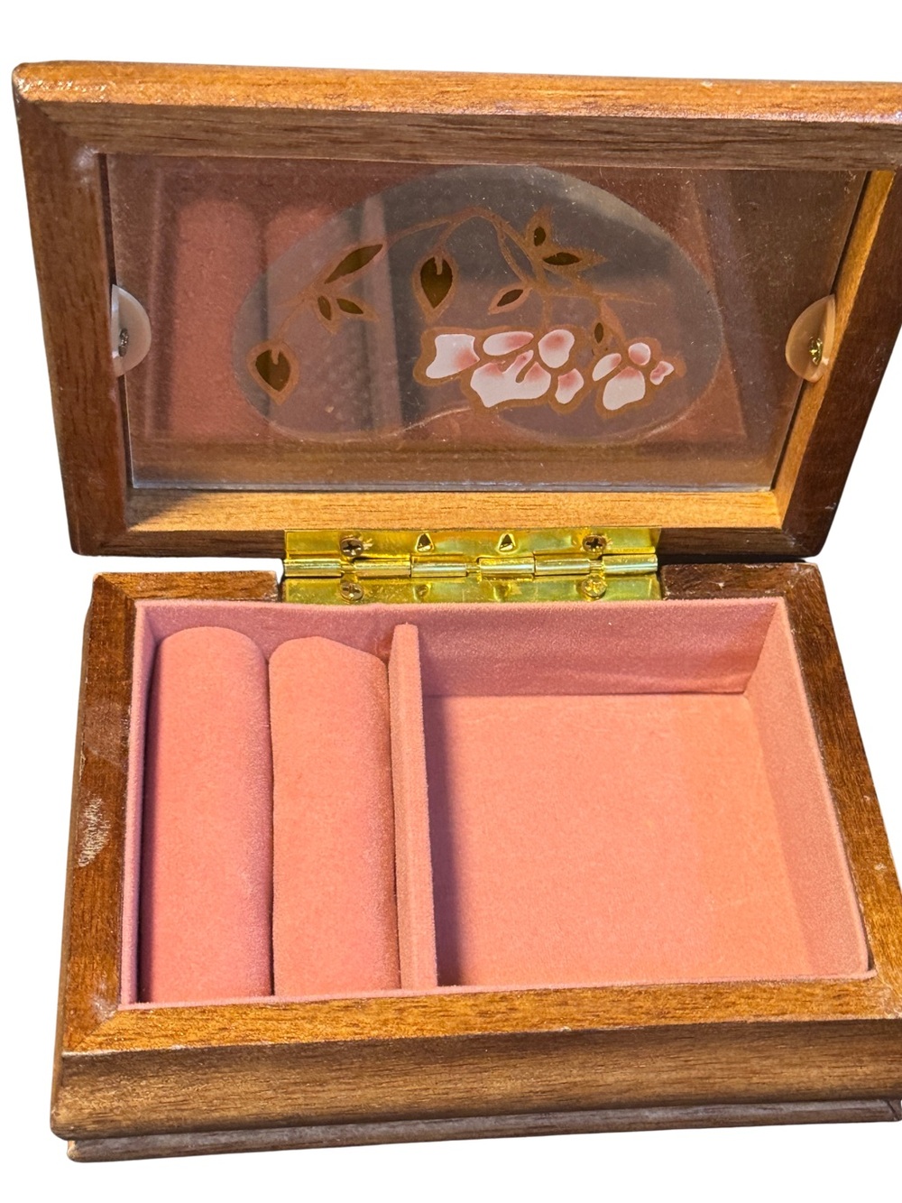 Vtg 90’s Wooden Jewelry Box with Pink Velvet Interior & Heart Glass Embossed Lid